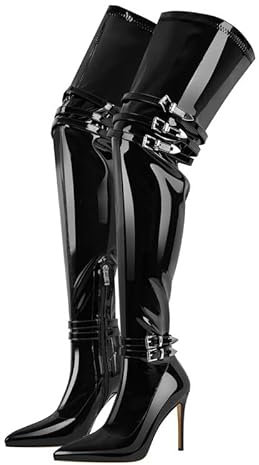 blingqueen Damen Stretch Lack Stiefel Spitze Overknee Stiletto Boots Riemen Schnallen Damenstiefel Metallic Schwarz 37 EU