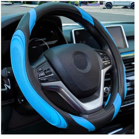 JNNJ Car Leather Steering Wheel Cover, Sport Universal 37-38cm, Black/Blue