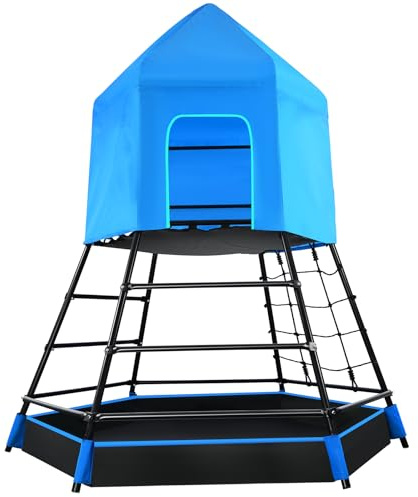 Hapfan Jungle Gym with Platform and Tent, Climbing Toys with Monkey Bars for Kids, Metal Outdoor Play Equipment