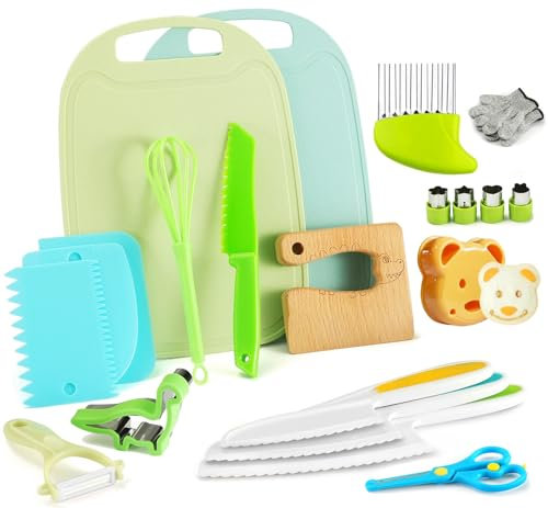 Kindermesser 21-teiliges Kinder Sicherheit Kochmesser für echtes Kochen von Obst oder Gemüse mit Holzmesser, Küchenmesser, Schneidebrett, etc. Kinder Kochset Messer für Kinder ab 2 jahre (Krokodil)