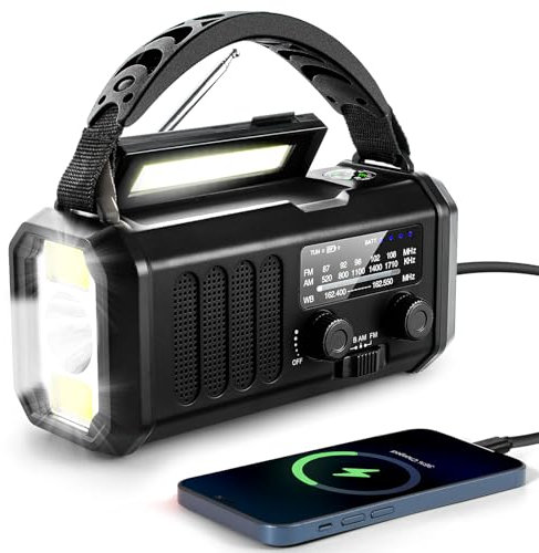 10000mAh Emergency Crank Radio,NOAA/AM/FM Weather Radio, Type-C Charge,Solar Charging,SOS, 3 Modes LED Torch, Reading Lamp, Compass for Outdoor Survival(Black)