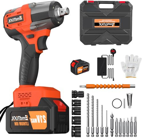 AUTOFU Clé à Chocs Sans Fil à Couple élevé 600N.m, Pistolet à Chocs 1/2 Puissance avec Batterie 6.0Ah, Chargeur Rapide, 4 Douilles, 12 Accessoires de Perçage Pour la Voiture et La Maison