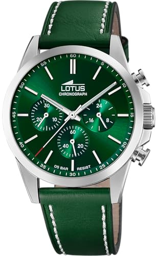 LOTUS Reloj Hombre Analógico de Acero Inoxidable y Cuero Verde