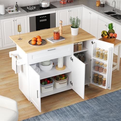 Carrello per isola da cucina con piano di lavoro pieghevole, armadio su ruote con 1 cassetto e 2 ante, sala da pranzo (bianco, 132,5 x 70 x 90 cm)