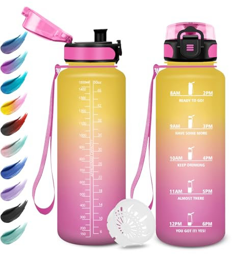 Trinkflasche Sport 1.5L, Auslaufsicher Wasserflasche Kohlensäure Geeignet, Trinkflasche mit Zeitmarkierung, Wasserflasche mit Filter, Sportflasche für Oudoor, Sprudel, Camping, Fahrrad, Fitness