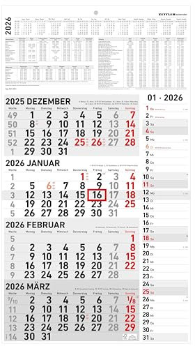 Zettler 4-Monatskalender Kombi 2026 – Wandkalender 33 × 59 cm mit Datumsschieber, 4 Monate pro Blatt, Extra-Streifenkalendarium für Notizen, Monatsübersicht Dez. 2025–Jan. 2027, Ferien & Feiertage