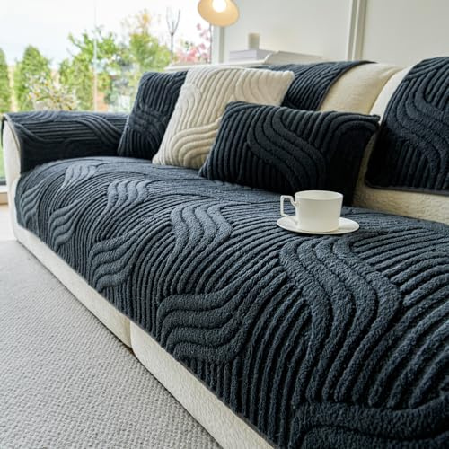 tianxinbaobei Sectional Sofa Covers Washable, Plush Stripe Couch Cover for Sofas, Non Slip Couch Cover for 3-4 Cushion Couch, L Shaped Sofa Slipcover for Pet Furniture Protect(1PC,35x83,Dark Grey)