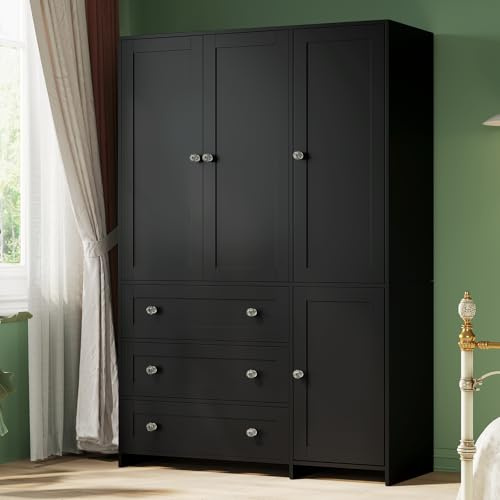 VOWNER Armoire Wardrobe Closet with Drawers and Mirror, 71 Clothing Storage Cabinet with Hanging Rod, 4 Doors Wooden Wardrobe Cabinet for Bedroom, Large Capacity Storage