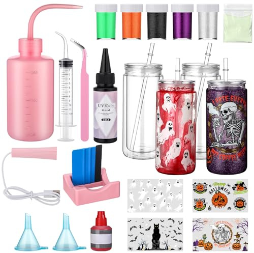 Meanplan 4 Pack Halloween DIY Snow Globe Tumbler Supplies Kits, Halloween Themed UV DTF Cup Wraps 16oz Double Wall Can Glitter Squeeze Bottle Scraper UV Resin Flashlight Red Ink Luminous Powder