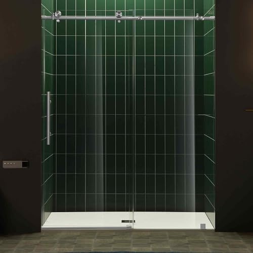 Woodbridge 56-60 W x 80 H Frameless Single Sliding Shower Door with Tempered Glass & Explosion Proof Film in Brushed Nickel Finish