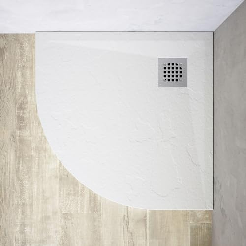 Piatto Doccia Semicircolare in Marmoresina Bianco Antiscivolo Effetto Pietra con Griglia Copripiletta h3cm (Bianco, 80x80)