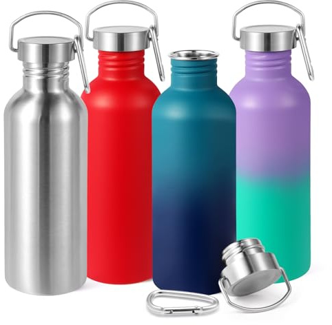 Volhoply 1 000 ml oisolerade enkelväggiga vattenflaskor 4-pack, rostfritt stål sportvattenflaska med handtag och karbinhake, BPA-fria lätta vattenflaskor för vandring, löpning (blandade färger, 4)