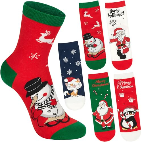 BRUBAKER 5 Par Julsockor för Damer - Jultomte, Katt, Pingvin & Snögubbe - Roliga Strumpor för Julen och Förjulstiden - Färgglada Myssockor - Perfekt Present för Kvinnor & Flickor - Storlek 30-35
