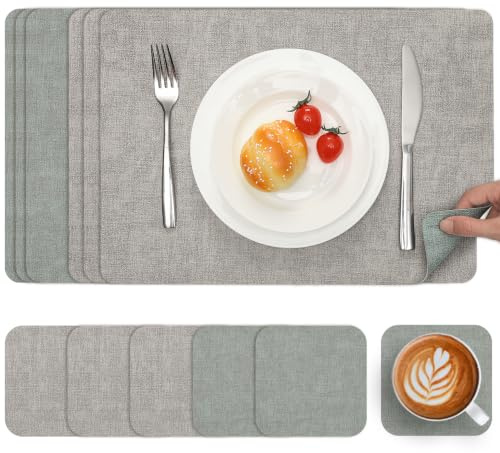 Myir JUN Table Mats Placemats and Coaster Sets 6 Place Mats for Table | Dual-Sided Faux Leather Table Mats Heat-Resistant Waterproof Non-Slip 43 x 30 cm for Kitchen Dining(Light Grey Sage Green)