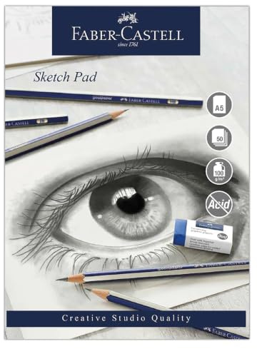 Faber-Castell Creative Studio Sketch Pad, A5, Acid Free Gummed Paper Pad 100 GSM, 50 Sheets for Graphite, Coloured Pencils, Charcoal, Sketching, Arts, Craft, Home and School