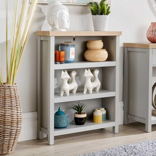 Home Source Low Bookcase Display Unit, 3 Bookshelves, Oak Effect, Grey