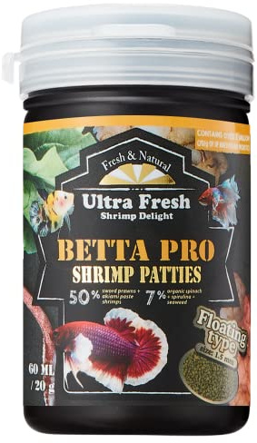 Ultra Fresh Betta Fish Food, Betta Pro Shrimp Patties, 50% Sword Prawns + Akiami Paste Shrimps, All Natural Protein, Rich in Vitamins, Healthy Development and Cleaner Water 0.7 oz