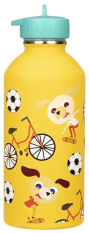 DRAEGER PARIS 1886 - Gourde Enfant Acier Inoxydable 300ml - Thème Chien Skatteur Jaune - Facile à Nettoyer - Réutilisable et Écologique - Idéale pour École & Sport - Design Coloré - 17x6,5 cm