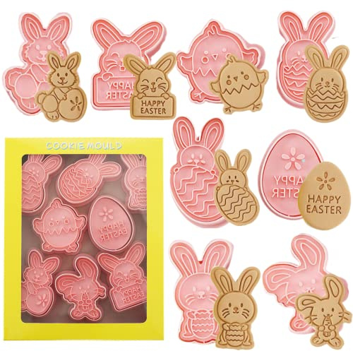 Juego de 8 cortadores de galletas de Pascua, huevos de Pascua 3D, moldes de sellos de conejo, cortadores de galletas para suministros de fiesta de Pascua (tipo A)