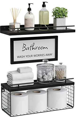 WOPITUES Floating Shelves for Wall Decor Sign, Bathroom Organizers and Storage, Bathroom Shelves Over Toilet with Metal Guardrail-Black