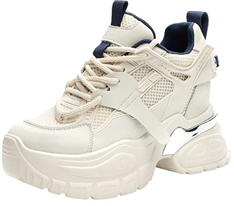 ANUFER Dam hög plattform tjocka träningsskor skor äkta läder kilklack sneakers, BEIgE, 38.5 EU