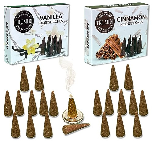 TRUMIRI Incense Cones - Combo Pack of 20 Cone Incense - 10 Vanilla + 10 Cinnamon