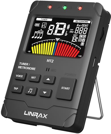 Linrax MT2 Rechargeable Metronome Tuner, 3 in 1 Digital Metronome Tuner Tone Generator for Guitar Bass Ukulele Violin Saxophone Trumpet Clarinet Flute, Voice Beat, Chromatic Tuner for All Instruments
