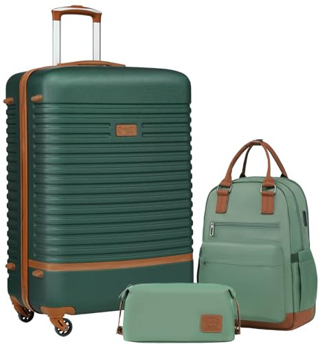 COOLIFE Koffer Trolley Koffer Reisekoffer von ABS Hartschalen Trolley 4 Rollen TSA-Schloss Der Koffer Enthält 1 Reiserucksack und 1 Kulturbeutel (Dunkelgrün/Braun, Großer Koffer-Set 3tlg)