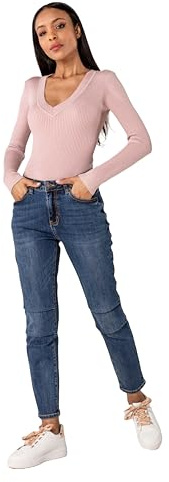Nina Carter - Pantaloni da donna stile boyfriend, a vita alta, MOM Jeans, stile paracadute, effetto lavato usato, L