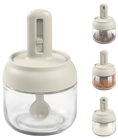 LELE LIFE Tarros de vidrio herméticos con cuchara retráctil y tapa, paquete de 4 recipientes para condimentos, tarros de especias, contenedor de condimentos de azúcar de 280 ml, caja de bodega de sal