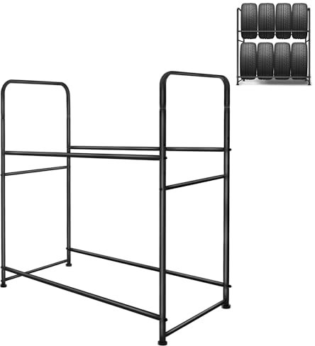 XMTECH Reifenregal für 8 Reifen Reifenständer 107×46×117cm, Höhenverstellung Lagerregal, Ladekapazität 180kg, Felgenbaum in Zwei Schichten mit Reifenschutzhülle