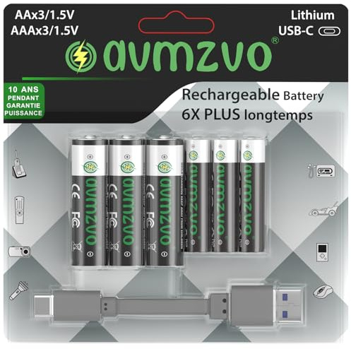 avmzvo AA AAA litiumbatterier, 1,5 V, 3 400 mWh AA 3 stycken, 1,5 V 1 100 mWh AAA 3 stycken, USB-C uppladdningsbar, med 2-i-1 USB-C laddkabel, 6 stycken
