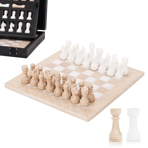 Schackset i marmor för vuxna 25 cm handgjord Verona och vitt brädspel med 32 schackpjäser, 2 extra drottningar och förvaringsbox, lyxigt resespel, elegant present till vuxna