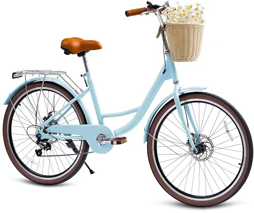 DEYGIA Kids Bike, Cruiser Bike for Girls, 24 inch 7 Speed Kids' Bicycles with Rattan Basket and Adjustable Seat, Lightweight Step Bike for Kid Girls Boys Teenagers, Blue