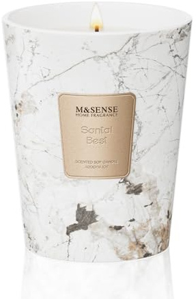 M&SENSE Candela Profumata Grandi 400g Santal Premium, 75H Dura, Cera di Soia Non Tossico Aromaterapia Candele, Marmo Design Vetro Room Decor, Regalo di Lusso per Donne/Compleanni/Natale