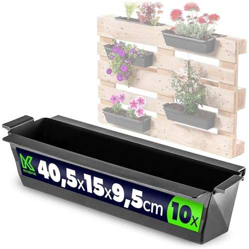 KADAX Set di 10 fioriere per pallet con sistema di sospensione, 37x9 cm Nero, per piantare e decorare come vaso da balcone, vaso per fiori per pallet europeo, inserto per vaso e vaso decorativo in