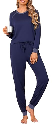 Jahetuul Womens Pyjamas Set Long Sleeve Cotton Pjs for Ladies Crew Neck Top & Pants with Pockets and Drawstring Casual Loungewear Sets