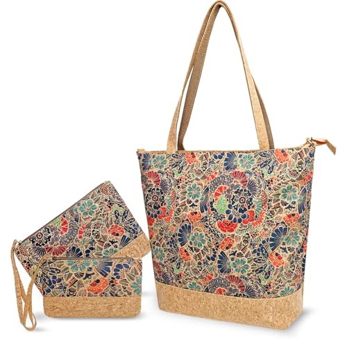 Set di 3 borsette in sughero, Vegan XL Tote Shopper + borsa cosmetica con cinturino da polso + borsa per monete, borsa da donna in pelle di sughero sostenibile con tracolla regolabile