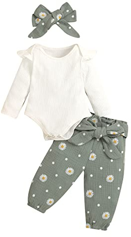 Himllauen Infant Baby Girls Floral Print Romper Outfits Toddler Long Sleeve Jumpsuit + Daisies Ruched Pants with Belt + Bow Headband for Newborn Girl Autumn