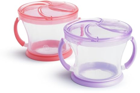 Munchkin Pack de 2 Snack Catchers | Caja de snacks para niños pequeños y tarro para baby-led weaning | Contenedores para alimentos | Tarro sin BPA con asas | Antiderrames – Rosa/Morado