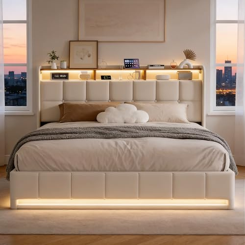 BRILVERDE Polsterbett 160x200 mit Stauraum, Doppelbett mit LED/USB, Bettgestell mit Lattenrost und Kopfteil, Jugendbetten für Erwachsene und Jugendliche, Leinen (Beige, 160 x 200 cm)