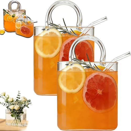 Genérico Vaso con forma de bolso, jarrón de cristal con forma de bolso, vasos únicos con pajitas, bonitos vasos de cóctel para zumo, té helado, flores, decoración de bar en casa (2pcs)