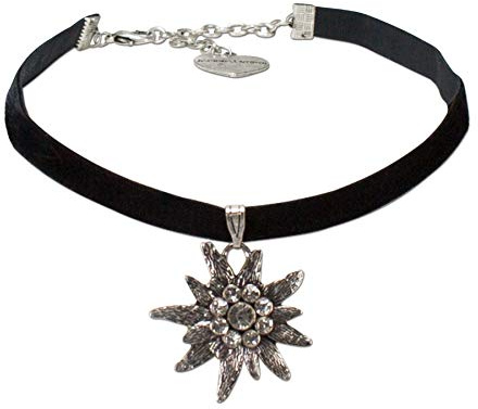 Alpenflüstern Traditional Velvet Choker Rhinestone Edelweiss Large, Ladies costume jewelry, bavarian necklace close-fitting, elastic narrow choker for Dirndl, Leather trouser, Oktoberfest (black)