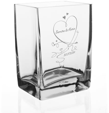 Herz & Heim® Edle Vase zur Hochzeit mit Gravur der Namen des Paares und d. Datums Transparent
