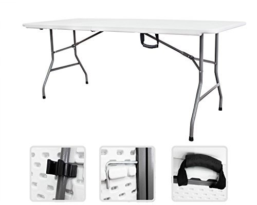 Todeco - Table Pliante Transportable, Table en Plastique Robuste - Matériau: HDPE - Charge maximale: 100 kg - 180 x 76 cm, Blanc, Pliable en Deux