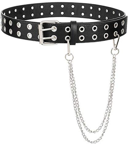 SANSTHS Women Double Grommet Studded Belts, Black Leather Belt for Women Men Punk belt with chains,S