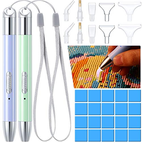 2 Stücke LED Diamant Malerei Stift 5D Diamant Malerei Stift Punkt Bohrstift USB Wiederaufladbar Beleuchtung Bohrstift mit 10 Stück Stiftkopf und 20 Stücke Kleber Lehm für Kinder DIY Handwerk