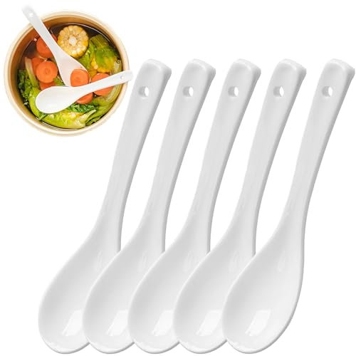 Cuchara Sopera de Porcelana Blanca Pura, para Casa, Cocina, Sopa, Ensalada, Fruta, Tarta, etc., con 17cm de Largo y 4,1cm de Ancho, Blanca, 5 Piezas, Lavavajillas, Apta para Microondas