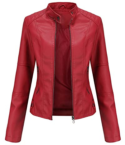 Giacca da motociclista da donna, taglia 20/18/16, giacca da donna in pelle PU slim fit, giacca da motociclista sottile, cappotto corto per autunno e primavera, Rosso, 3XL