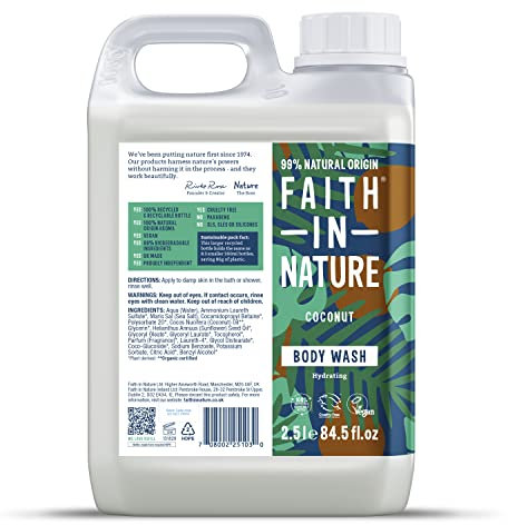 Faith In Nature Organic Coconut Body Wash, Uplifting Shower Gel, Vegan & Cruelty Free, No SLS or Parabens, 2.5L Refill